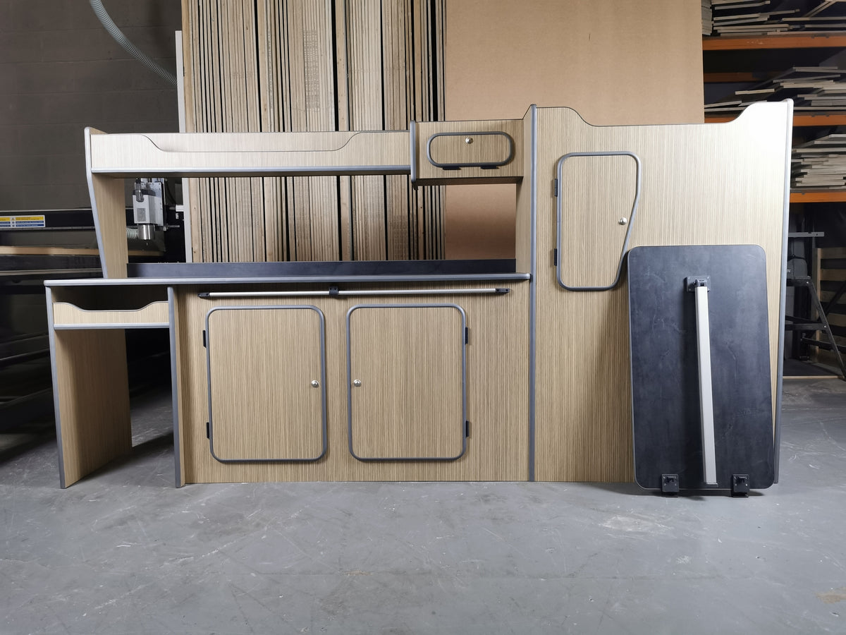 LWB campervan cabinets with above sink storage